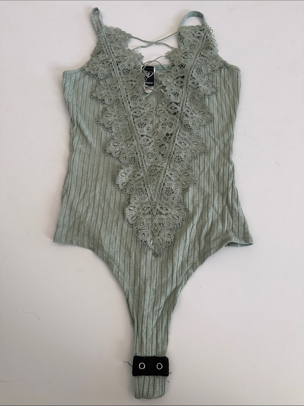 Windsor Lace-Trim Ribbed One-Piece Bodysuit in Sage Green